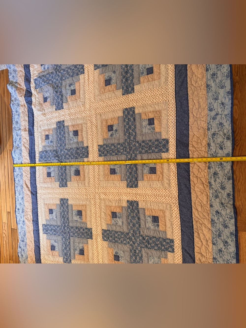 Handmade Log Cabin pattern quilt with blue and tan fabrics - Picture 13 of 16